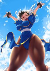 Rule 34 | 1girl, absurdres, arms up, blue sky, bracelet, breasts, brown hair, cameltoe, capcom, chinese clothes, chun-li, cloud, cloudy sky, curvy, day, double bun, dutch angle, hair bun, hair ornament, happy, highres, isuka, jewelry, leotard, medium breasts, muscular, outdoors, pantyhose, pelvic curtain, puffy sleeves, short sleeves, signature, sky, solo, spiked bracelet, spikes, street fighter, sunlight, sweat, sweatdrop, teeth, thick thighs, thighs