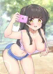 Rule 34 | 1girl, :d, areola slip, arm up, bare arms, bare shoulders, black hair, blue shorts, blunt bangs, blurry, blurry background, blush, breasts, brown eyes, c8oyk, camisole, cellphone, cleavage, collarbone, crop top, day, depth of field, downblouse, groin, highres, holding, holding phone, idolmaster, idolmaster shiny colors, large breasts, leaning forward, long hair, looking at phone, looking at viewer, mayuzumi fuyuko, midriff, nail polish, navel, no bra, open mouth, outdoors, phone, purple camisole, red nails, self exposure, selfie, short shorts, shorts, smile, solo, standing, strap slip, two side up