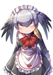 Rule 34 | 1girl, alternate costume, apron, black dress, bow, closed mouth, commentary, dress, enmaided, frilled apron, frilled dress, frills, fun bo, grey hair, hair tie, head wings, japari symbol, kemono friends, kemono friends 3, leaning forward, long sleeves, looking at viewer, maid, maid headdress, medium hair, multicolored hair, orange hair, red bow, red neckwear, shoebill (kemono friends), short dress, simple background, single horizontal stripe, smile, solo, standing, waist apron, white apron, white background, wings, yellow eyes