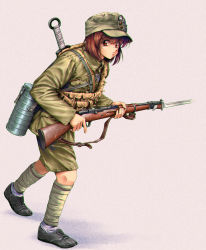 Rule 34 | 1girl, absurdres, alternate costume, bayonet, black footwear, bolt action, brown eyes, brown hair, foot wraps, garrison cap, green hat, green jacket, green shorts, gun, hat, highres, holding, holding gun, holding weapon, jacket, kantai collection, kuomintang, long sleeves, longmei er de tuzi, mauser 98, military, military uniform, national revolutionary army, rifle, shoes, short hair, shorts, solo, standing, trigger discipline, uniform, weapon, weapon on back, yukikaze (kancolle)