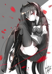 Rule 34 | 1girl, armor, armored boots, black hair, black thighhighs, boots, breasts, closed mouth, clothes lift, dated, girls&#039; frontline, grey background, holding, holding clothes, holding skirt, long hair, looking at viewer, luse maonang, medium breasts, midriff, navel, ouroboros (girls&#039; frontline), petals, pleated skirt, school uniform, serafuku, shoes, signature, single boot, single shoe, skirt, solo, thighhighs, thighs, two-tone background, very long hair, white background