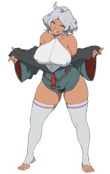 Rule 34 | 1girl, asticassia school uniform, bare shoulders, breasts, dark-skinned female, dark skin, full body, green eyes, grey hair, grin, gundam, gundam suisei no majo, jacket, jacket partially removed, large breasts, leotard, looking at viewer, open clothes, open jacket, secelia dote, short hair, short shorts, shorts, simple background, smile, solo, thick thighs, thighhighs, thighs, up (mmmmmmmmss), white background, wide hips, zettai ryouiki