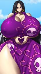 Rule 34 | 1girl, blue eyes, blush, boa hancock, breasts, cleavage, cloudyb1ts, covered erect nipples, curvy, earrings, female focus, gigantic breasts, heart, heart hands, highres, jewelry, long hair, looking at viewer, one piece, solo, thick thighs, thighs, wide hips