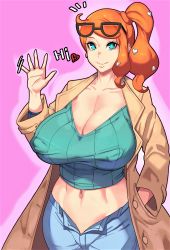 Rule 34 | 1girl, blue jeans, breasts, brown jacket, creatures (company), curvy, feet out of frame, game freak, green eyes, hair ornament, heart, heart hair ornament, highres, huge breasts, jacket, large breasts, long hair, looking at viewer, metal owl (aden12), navel, nintendo, open clothes, open jacket, orange hair, pants, pokemon, pokemon sm, simple background, sonia (pokemon), standing, sunglasses on head, third-party edit, waving