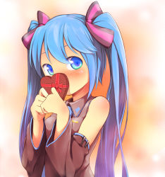 Rule 34 | 1girl, aqua eyes, aqua hair, bare shoulders, blush, candy, chocolate, chocolate heart, detached sleeves, food, hatsune miku, heart, long hair, looking at viewer, magenta (atyana), necktie, solo, twintails, vocaloid