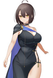 Rule 34 | 1girl, ahoge, asymmetrical clothes, azur lane, baltimore (azur lane), baltimore (evening breeze minuet) (azur lane), black dress, blue cape, blue cloak, braid, breasts, brown hair, cape, cleavage, cloak, dress, evening gown, hair between eyes, highres, large breasts, looking at viewer, mashiro03, official alternate costume, short hair, side cape, side slit, sideless outfit, simple background, single-shoulder dress, single bare shoulder, solo, standing, striped cape, two-tone cape, white background, yellow eyes