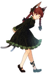 Rule 34 | 1girl, :p, animal ear fluff, animal ears, black footwear, black ribbon, braid, cat ears, cat tail, dress, extra ears, frilled skirt, frilled sleeves, frills, green dress, kaenbyou rin, leg ribbon, long sleeves, looking at viewer, mary janes, multiple tails, nekomata, red eyes, red hair, ribbon, shoes, short hair, skirt, smile, solo, tail, tongue, tongue out, touhou, twin braids, urin