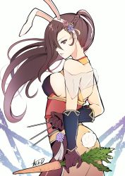Rule 34 | 1girl, animal ears, atoatto, breasts, brown eyes, brown hair, cleavage, fire emblem, fire emblem fates, fire emblem heroes, gloves, hair over one eye, kagero (fire emblem), kagero (spring) (fire emblem), large breasts, long hair, looking at viewer, ninja, nintendo, pantyhose, ponytail, rabbit ears, simple background, solo, weapon
