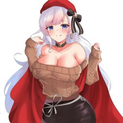 Rule 34 | 1girl, aran sweater, azur lane, bare shoulders, belfast (azur lane), belfast (shopping with the head maid) (azur lane), beret, black bow, black choker, black skirt, blue eyes, bow, brown sweater, cable knit, choker, commentary request, earrings, gunpuu, hair bow, hands up, hat, highres, hoop earrings, jewelry, long hair, long sleeves, off-shoulder sweater, off shoulder, official alternate costume, pencil skirt, red hat, shawl, simple background, skirt, solo, sweater, upper body, very long hair, white background, white hair