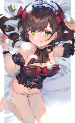 Rule 34 | 1girl, :q, ahoge, arms up, bare shoulders, black shirt, bow, breasts, brown hair, cleavage, closed mouth, crop top, detached sleeves, fork, frilled shirt, frills, green eyes, hair bow, hanamori healthy, headdress, highres, holding, large breasts, long hair, looking at viewer, lying, melty+, navel, no pants, omelet tomato, on back, panties, shirt, smile, solo, thighs, tongue, tongue out, twintails, underwear, virtual youtuber, white panties