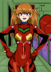 Rule 34 | 1girl, absurdres, bodysuit, breasts, brown hair, eywy4324, hair between eyes, hair ornament, hands on own hips, highres, long hair, looking at viewer, neon genesis evangelion, open mouth, pilot suit, plugsuit, red bodysuit, simple background, skin tight, small breasts, smile, solo, souryuu asuka langley, standing, tsundere, two side up, white background