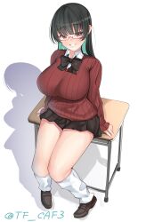 Rule 34 | 1girl, alternate costume, black hair, black neckerchief, black skirt, blush, breasts, brown cardigan, cardigan, choukai (kancolle), collared shirt, desk, glasses, highres, kantai collection, large breasts, long hair, long sleeves, looking at viewer, loose socks, miniskirt, neckerchief, on desk, red eyes, ribbed cardigan, shadow, shirt, sitting, on desk, skirt, smile, socks, solo, tf cafe, twitter username, uniform, white background