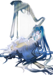 Rule 34 | absurdly long hair, absurdres, alternate costume, aqua eyes, aqua hair, bare shoulders, black gloves, bow, bowtie, commentary, detached sleeves, dress, english commentary, expressionless, gloves, hair ornament, hair ribbon, harp, hatsune miku, highres, instrument, knees up, long hair, looking at viewer, michiki kokuyou, parted lips, ribbon, sitting, sleeveless, sleeveless dress, solo, twintails, very long hair, vocaloid, white dress, yuki miku, yuki miku (2020), yuki miku (2020) (applicant)