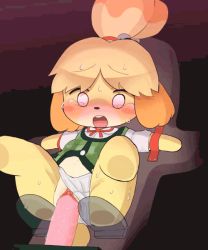 Rule 34 | 1girl, animal crossing, animal ears, animated, bare legs, bell, blonde hair, blush, bow, clenched teeth, clitoris, clothing aside, dagashi (daga2626), dog ears, furry, furry female, hair bell, hair ornament, isabelle (animal crossing), machine, nintendo, no humans, object insertion, panties, panties aside, pussy, shirt, short sleeves, solo, sweat, tears, teeth, topknot, uncensored, underwear, upper teeth only, vaginal, vaginal object insertion, white shirt