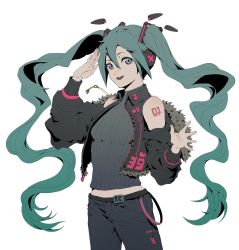 Rule 34 | 1girl, 39, alternate costume, arm up, belt, belt buckle, black belt, blue eyes, blue hair, bomber jacket, breasts, buckle, ching yeh, collar, collared jacket, commentary, cytus, cytus ii, detached sleeves, grey jacket, grey pants, grey shirt, grey sleeves, hair between eyes, hair ornament, hatsune miku, highres, jacket, long hair, long sleeves, looking at viewer, medium breasts, neckwear request, open mouth, pants, shirt, shoulder tattoo, simple background, small breasts, smile, solo, spring onion, standing, tattoo, teeth, turtleneck, twintails, upper body, very long hair, vocaloid, white background