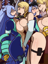 Rule 34 | 2girls, asymmetrical docking, bodysuit, boku no hero academia, breast press, breasts, fingering, french kiss, hadou nejire, highres, holding hands, kiss, large breasts, mark gavatino, mole, mole under eye, multiple girls, navel, open bodysuit, open clothes, pouch, pout, ryuukyuu, seductive smile, smile, thigh pouch, thigh strap, thighs, yuri