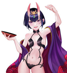 Rule 34 | 1girl, absurdres, bob cut, breasts, collarbone, cup, eyeliner, fangs, fate/grand order, fate (series), headpiece, highres, holding, holding cup, horns, japanese clothes, kimono, makeup, navel, oni, open clothes, open kimono, open mouth, purple eyes, purple hair, purple kimono, revealing clothes, sakazuki, short eyebrows, short hair, shuten douji (fate), skin-covered horns, small breasts, solo, tuta1910