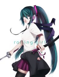 Rule 34 | 1girl, absurdres, bad id, bad pixiv id, black thighhighs, breasts, cellphone charm, charm (object), cosplay, grasshopper manufacture, green eyes, green hair, hatsune miku, highres, katana, large breasts, len|arc, long hair, matching hair/eyes, megurine luka, nail polish, necktie, no more heroes, no more heroes 2, pleated skirt, rolling girl (vocaloid), scabbard, scarf, school uniform, sheath, shinobu jacobs, shinobu jacobs (cosplay), skirt, solo, split ponytail, sword, takoluka, thighhighs, unsheathed, very long hair, vocaloid, weapon, zettai ryouiki