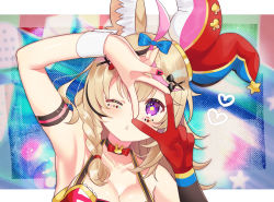 Rule 34 | 1girl, animal ears, arm up, armband, armpits, bare shoulders, blonde hair, blue bow, blush, bow, braid, breasts, choker, cleavage, club hair ornament, commentary request, diamond hair ornament, fox ears, fox girl, gloves, hair between eyes, hair ornament, hand up, hat, heart, highres, hololive, jester cap, long hair, looking at viewer, makeup, medium breasts, multicolored hair, nail polish, okanoyuno, omaru polka, omaru polka (1st costume), one eye closed, parted lips, pink hair, playing card theme, purple eyes, rabbit choker, single glove, solo, star-shaped pupils, star (symbol), streaked hair, symbol-shaped pupils, teeth, upper body, v, v over eye, virtual youtuber, wristband