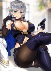 Rule 34 | 1girl, areola slip, azur lane, black gloves, black pantyhose, blue eyes, boots, breasts, choker, cleavage, crotch seam, deal with it (meme), earrings, elbow gloves, finger to mouth, gijang, gloves, hair between eyes, half gloves, jacket, jacket on shoulders, jewelry, large breasts, looking at viewer, meme, midriff, miniskirt, mole, mole on breast, navel, necklace, panties, pantyhose, parted lips, rosary, short hair, silver hair, sitting, skirt, solo, sparkle, suspenders, thigh boots, thighband pantyhose, thighhighs, underwear, vest, washington (azur lane), white panties