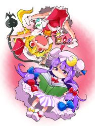 Rule 34 | 2girls, ascot, blonde hair, book, bow, crescent, fang, flandre scarlet, gradient background, hair bow, hat, highres, laevatein, long hair, multiple girls, open book, open mouth, patchouli knowledge, purple eyes, purple hair, reading, red eyes, ribbon, shinapuu, short hair, side ponytail, smile, touhou, upside-down, wings