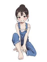 Rule 34 | 1girl, absurdres, barefoot, black hair, blue overalls, blush, brown eyes, camisole, clenched teeth, collarbone, commentary, english commentary, hair pulled back, high ponytail, highres, holding own foot, knee up, looking at viewer, opossumachine, original, overalls, simple background, sitting, smile, solo, straight-on, strap slip, teeth, toes, white background, white camisole