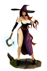Rule 34 | 1girl, absurdres, breasts, cleavage, detached sleeves, dragon&#039;s crown, dress, hat, highres, hiragana oufu, holding, huge breasts, legs, long hair, magic, red hair, shoes, simple background, skull, solo, sorceress (dragon&#039;s crown), staff, standing, strapless, strapless dress, vanillaware, weapon, white background, witch, witch hat