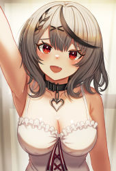 Rule 34 | 1girl, absurdres, ahoge, arm up, bare shoulders, belt collar, black hair, blush, bow, braid, breasts, camisole, cleavage, collar, fang, hair ornament, heart, heart necklace, highres, hololive, jewelry, large breasts, looking at viewer, melreon, multicolored hair, necklace, open mouth, red eyes, sakamata chloe, silver hair, smile, solo, streaked hair, virtual youtuber, white camisole, x hair ornament