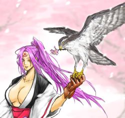 Rule 34 | 1girl, ahomira, arc system works, baiken, bird, breasts, cleavage, gloves, guilty gear, hawk, japanese clothes, kimono, large breasts, one-eyed, open clothes, open kimono, pink eyes, pink hair, ponytail, scar, scar across eye, scar on face, solo, tattoo