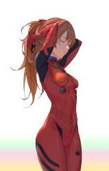 Rule 34 | 1girl, absurdres, arms behind head, arms up, artist request, bingwei huang, bodysuit, breasts, closed eyes, closed mouth, curvy, hands up, highres, long hair, medium breasts, multicolored background, neon genesis evangelion, orange hair, plugsuit, rebuild of evangelion, red bodysuit, shiny clothes, simple background, solo, souryuu asuka langley, standing, two side up, white background, wide hips
