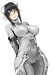 Rule 34 | 1girl, black hair, bodysuit, breasts, cameltoe, covered navel, embarrassed, fate (series), highres, monochrome, qin liangyu (fate), short hair, skin tight, solo, wide hips, yonyon (yotayota honpo)