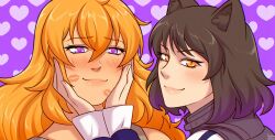 2girls animal_ears black_hair blake_belladonna blonde_hair blush cat_ears close-up heart highres lipstick_mark long_hair looking_at_viewer multiple_girls purple_eyes rwby short_hair smile yang_xiao_long yellow_eyes yellow_nicky yuri