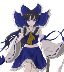 Rule 34 | 1girl, alternate color, ascot, black hair, blue bow, blue eyes, blue nails, blue skirt, bow, closed mouth, detached sleeves, frilled bow, frilled hair tubes, frills, gohei, hair bow, hair tubes, hakurei reimu, holding, holding gohei, kashiwada kiiho, long hair, looking at viewer, midriff, navel, player 2, ribbon-trimmed sleeves, ribbon trim, skirt, skirt set, smile, solo, touhou, yellow ascot