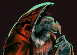 Rule 34 | 1other, black background, blue eyes, commentary, english commentary, highres, radiobarf, skeksis chamberlain, solo, teeth, the dark crystal, upper body, wide sleeves