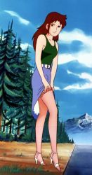 Rule 34 | 1980s (style), 1girl, bare shoulders, belt, belt buckle, brown eyes, brown hair, buckle, clothes lift, cloud, dash kappei, day, forest, full body, green shirt, high heels, highres, lifting own clothes, long hair, looking at viewer, mountain, natsu kaori, nature, oldschool, open shoes, outdoors, retro artstyle, sandals, screencap, self exposure, shirt, skirt, skirt lift, sleeveless, sleeveless shirt, solo, standing, thighhighs, tree, white belt, white thighhighs