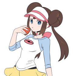 Rule 34 | 1girl, black pantyhose, blue eyes, blush, bow, breasts, brown hair, closed mouth, collarbone, commentary request, creatures (company), double bun, fingernails, game freak, hair bun, hand up, holding, holding poke ball, korean commentary, long hair, nintendo, nutkingcall, pantyhose, pantyhose under shorts, pink bow, poke ball, poke ball (basic), pokemon, pokemon bw2, raglan sleeves, rosa (pokemon), shirt, short shorts, shorts, sidelocks, simple background, sleeves past elbows, solo, twintails, visor cap, white background, yellow shorts