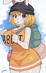 Rule 34 | 1girl, :o, absurdres, animal ears, animal nose, backpack, bag, black hat, blonde hair, blush, breasts, canteen, carrot (one piece), clothes writing, dress, ears through headwear, eyelashes, furry, furry female, green bag, hat, highres, large breasts, looking at viewer, one piece, pink eyes, rabbit ears, rabbit girl, rabbit tail, ryuusui arumo, short dress, signature, sleeveless, solo, tail