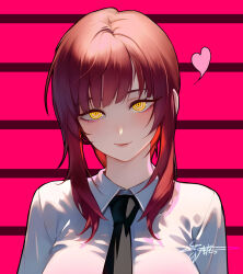 Rule 34 | 1girl, black necktie, breasts, chainsaw man, commentary request, eyelashes, eyeshadow, grpa2383, head tilt, heart, highres, large breasts, lips, long hair, looking at viewer, makeup, makima (chainsaw man), medium breasts, mixed-language commentary, necktie, office lady, pink lips, red hair, ringed eyes, shirt, sidelocks, signature, smile, solo, upper body, white shirt, yellow eyes