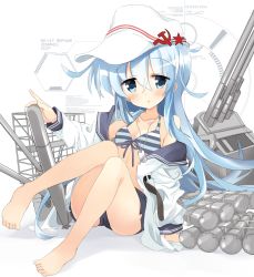 Rule 34 | 1girl, bad id, bad pixiv id, barefoot, belt, bikini, bikini top only, black shorts, blue eyes, cannon, commentary request, drum (container), flat cap, front-tie top, full body, hammer and sickle, hat, hibiki (kancolle), highres, hizuki yayoi, kantai collection, long hair, looking at viewer, machinery, open clothes, shorts, silver hair, simple background, sitting, solo, striped bikini, striped bikini top, striped clothes, swimsuit, toes, torpedo, turret, verniy (kancolle), white background, white hat