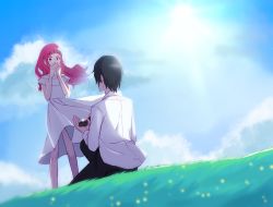 Rule 34 | 1boy, 1girl, black hair, black pants, couple, day, dress, floating hair, from below, george kurai, covering own mouth, highres, hugtto! precure, long hair, nono hana, off-shoulder dress, off shoulder, on one knee, outdoors, pants, pink eyes, pink hair, precure, marriage proposal, ronorono, shirt, sundress, white dress, white shirt