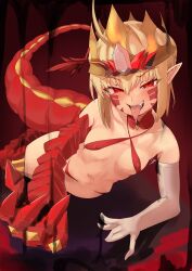 Rule 34 | 1girl, absurdres, ahoge, bikini, blonde hair, blush, braid, breasts, collarbone, covered erect nipples, criss-cross halter, crown, dragon claw, dragon tail, drooling, elbow gloves, facial mark, fangs, fate/grand order, fate (series), french braid, gloves, hair bun, hair intakes, halterneck, highres, kasumi saika, long hair, looking at viewer, lying, micro bikini, naughty face, navel, nero claudius (fate), nero claudius (fate) (all), open mouth, petite, pointy ears, queen draco (fate), queen draco (second ascension) (fate), red bikini, red eyes, saliva, single glove, small breasts, smile, solo, swimsuit, tail, thighs, tongue, tongue out, white gloves