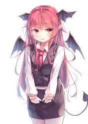 Rule 34 | 1girl, absurdres, bat wings, black skirt, black vest, book, collared shirt, commentary request, cowboy shot, demon tail, facing viewer, head wings, highres, holding, holding book, kanzakietc, koakuma, long hair, long sleeves, looking away, messy hair, necktie, one-hour drawing challenge, pointy ears, red eyes, red hair, red necktie, shirt, simple background, skirt, skirt set, solo, tail, touhou, vest, white background, white shirt, wing collar, wings