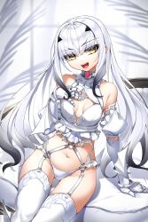 Rule 34 | 1girl, absurdres, bare shoulders, blush, breasts, casul, cleavage cutout, clothing cutout, elbow gloves, melusine (fate), fate/grand order, fate (series), forked eyebrows, garter belt, gauntlets, gloves, highres, long hair, looking at viewer, navel, open mouth, panties, sidelocks, small breasts, smile, solo, thighhighs, thighs, underwear, white gloves, white hair, white panties, white thighhighs, yellow eyes