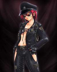 Rule 34 | 1girl, black gloves, blue eyes, breasts, chain, chaps, coat, gloves, hands on own hips, hat, hinomoto hikari, kaiga, leather, midriff, mole, mole under eye, navel, navel piercing, pants, piercing, red hair, short hair, small breasts, solo, sunglasses, tokimeki memorial, tokimeki memorial 2, underboob