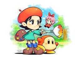 Rule 34 | 2girls, adeleine, beret, black eyes, black hair, blue eyes, bow, brown eyes, brown footwear, closed mouth, commentary, dress, english commentary, green dress, hair bow, hat, highres, holding, holding paintbrush, holding palette, kalanit saidon, kirby (series), kirby 64, multiple girls, nintendo, outdoors, paintbrush, palette (object), pink hair, red bow, red dress, red headwear, ribbon (kirby), short hair, signature, v-shaped eyebrows, waddle dee, wings