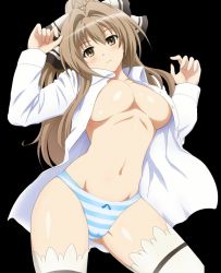 Rule 34 | 10s, 1girl, amagi brilliant park, antenna hair, black background, blush, bow, bow panties, breasts, brown eyes, brown hair, cameltoe, cowboy shot, hair bow, highres, large breasts, long hair, looking at viewer, lying, navel, on back, open clothes, open shirt, panties, sento isuzu, shirt, solo, striped clothes, striped panties, thighhighs, underwear, white thighhighs