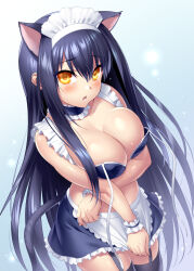 Rule 34 | 1girl, absurdres, alternate costume, animal ears, apron, arm under breasts, bare shoulders, bikini, bikini day, bikini top pull, black bikini, black choker, black hair, black skirt, black tail, black thighhighs, blue wrist cuffs, blush, breast hold, breasts, breasts squeezed together, cat ears, cat tail, choker, cleavage, clothes pull, collarbone, commentary request, covering crotch, covering privates, cowboy shot, dark-skinned female, dark skin, enmaided, eyelashes, eyes visible through hair, foreshortening, frilled apron, frilled bikini, frilled choker, frilled cuffs, frilled skirt, frills, garter straps, hair between eyes, highres, kushima kamome, large breasts, long hair, looking at viewer, lower teeth only, maid, maid apron, maid headdress, miniskirt, open mouth, pulled by self, shiny skin, shy, sidelocks, simple background, skirt, skirt pull, solo, standing, straight hair, summer pockets, sweat, swimsuit, tail, tan, teeth, thighhighs, very long hair, white apron, white background, wrist cuffs, yellow eyes, zen (kamuro), zettai ryouiki