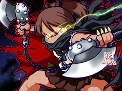 Rule 34 | artist logo, axe, black scarf, brown eyes, brown hair, brown sailor collar, brown skirt, chain, commentary request, dated, dual wielding, feet out of frame, glowing, glowing eyes, holding, kantai collection, kutone shirika, pleated skirt, ponytail, sailor collar, scarf, school uniform, serafuku, shikinami (kancolle), short hair, skirt