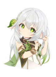 Rule 34 | 1girl, absurdres, bracelet, close-up, closed mouth, commentary request, dress, eyelashes, genshin impact, gold trim, gradient hair, green eyes, green hair, hair between eyes, hair ornament, hands up, head tilt, highres, iroha (mimi0618xx), jewelry, leaf hair ornament, light blush, long hair, looking at viewer, multicolored hair, nahida (genshin impact), pointy ears, simple background, sleeveless, sleeveless dress, solo, star-shaped pupils, star (symbol), symbol-shaped pupils, white background, white dress, white hair