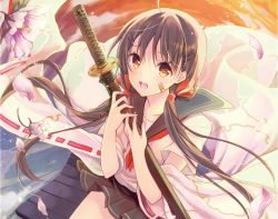 Rule 34 | 1girl, ahoge, bandaid, bandaid on face, black skirt, brown eyes, brown hair, cocoa (cafe-hotcocoa), detached sleeves, flower, hair ornament, hair ribbon, hairclip, holding, holding sword, holding weapon, katana, long hair, looking at viewer, low twintails, miniskirt, neckerchief, open mouth, original, outdoors, petals, pink flower, pleated skirt, red neckerchief, red ribbon, ribbon, ribbon-trimmed sleeves, ribbon trim, school uniform, serafuku, sheath, sheathed, short sleeves, sitting, skirt, smile, solo, sword, teeth, twintails, upper body, weapon